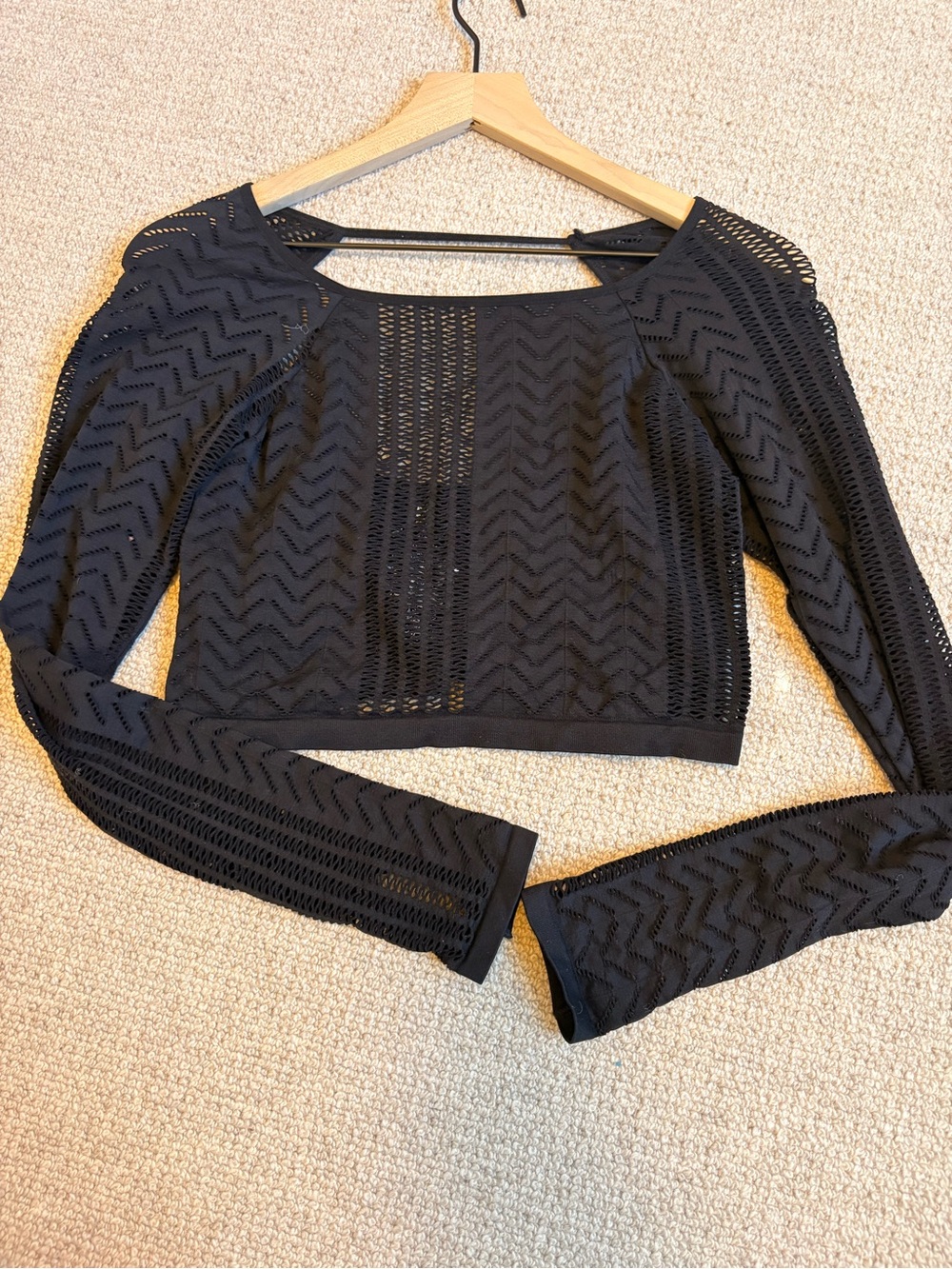 FP Movement by Free People Black Crochet Long-Sleeve Crop Top